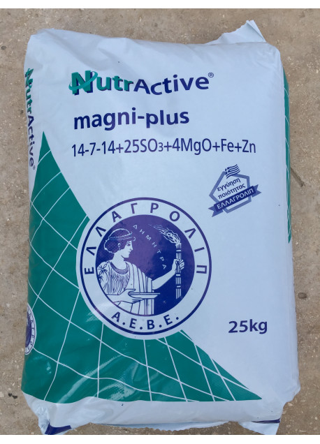 nutractive magni-plus Λίπασμα NPK με παρεμποδιστή νιτροποίησης DCD (SO3 -MgO) με Fe, Zn 14-7-14 (25-4)